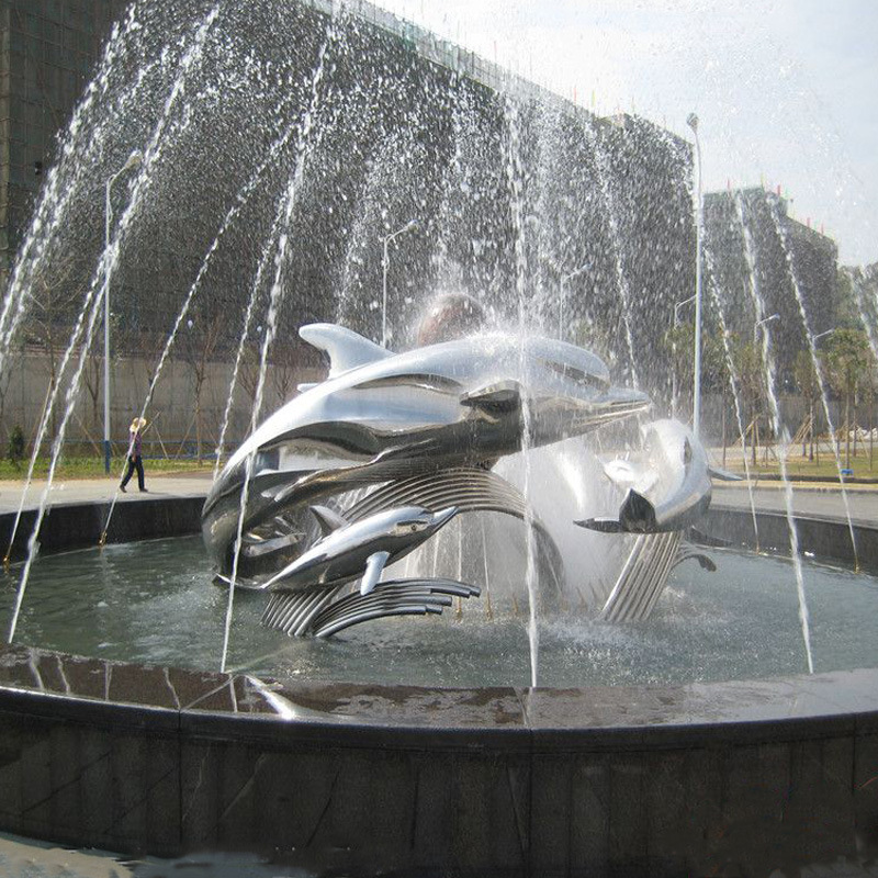 喷水雕塑 广场创意不锈钢喷泉 定制售楼部喷水池海豚不锈钢雕塑