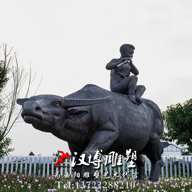 创意铸铜玻璃钢放牛娃牧童骑牛人物雕像童趣主题民俗文化园林雕塑