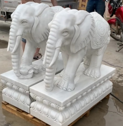厂家批发汉白玉石雕大象一对定制别墅门口小雕塑摆件招财纳福