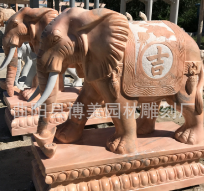 晚霞红石雕大象一对别墅酒店门口汉白玉石大象动物工艺品摆件