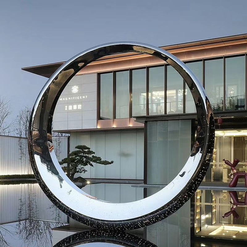 不锈钢月亮雕塑圆环圆形镂空金属装饰户外月牙酒店水景景观摆件