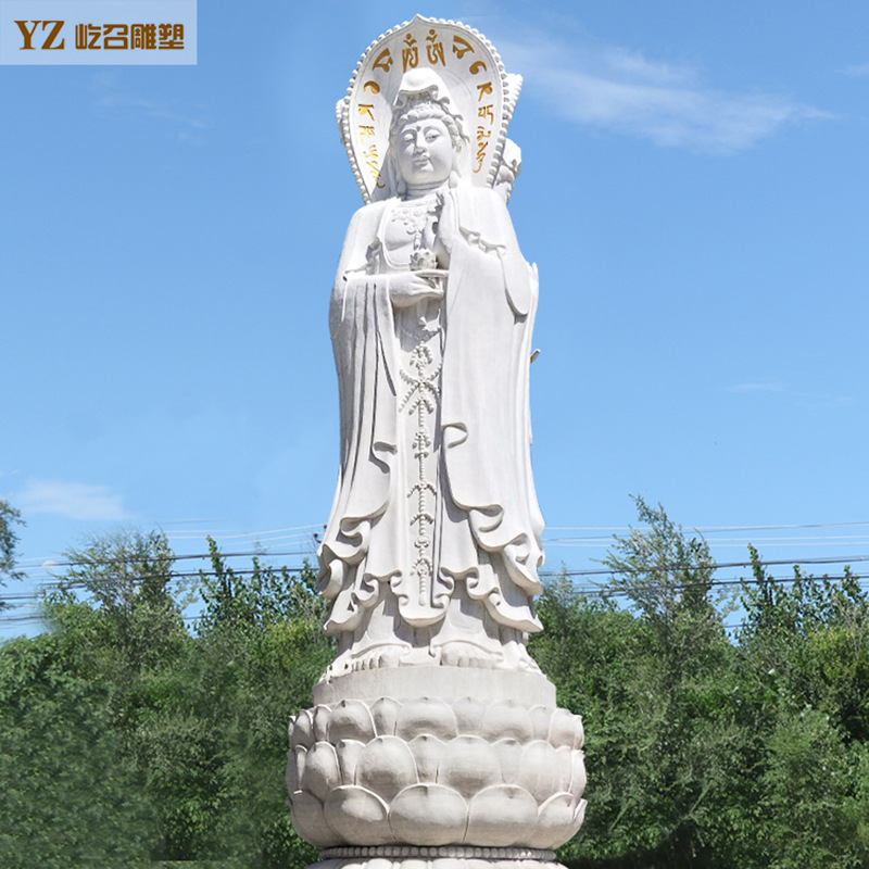 厂家定制汉白玉石雕观音佛像 三面观音菩萨像 寺庙供奉佛像雕塑