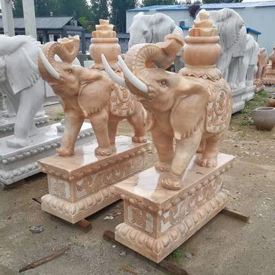 石雕大象一对定制家用酒店庭院门口晚霞红大象摆件寺庙大象雕塑