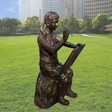 玻璃钢仿铜校园文化广场人物雕塑现代小女孩画画摆件园林雕塑定做