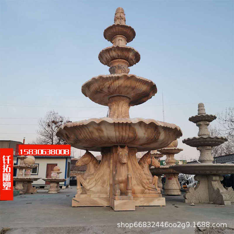 欧式晚霞红石雕喷泉大型花岗岩石雕喷泉制作公园石雕喷泉流水摆件