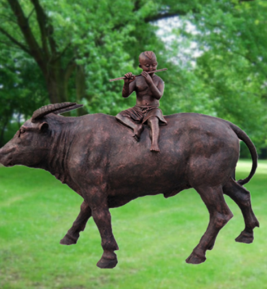 现货玻璃钢牧童骑牛雕塑仿铜玻璃钢牧童人摆件公园广场民俗文化