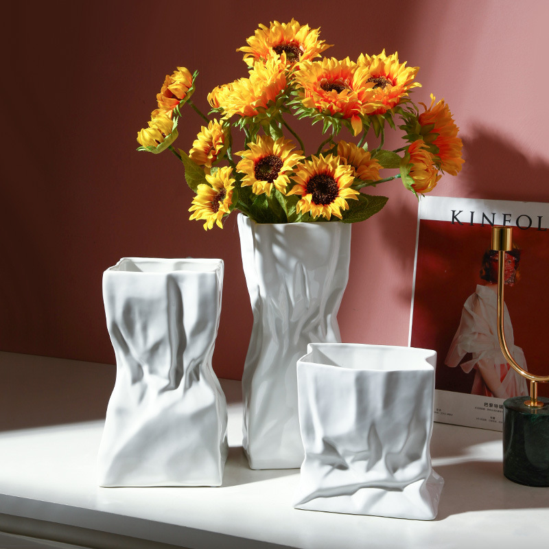 贝汉美褶皱陶瓷花瓶摆件客厅插花装饰餐桌电视柜创意软装搭配装饰