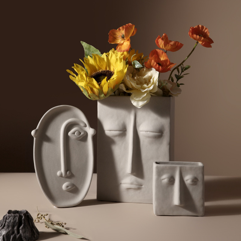 现代创意陶瓷花瓶简约人脸客厅插花玄关艺术家居装饰摆件加工定制