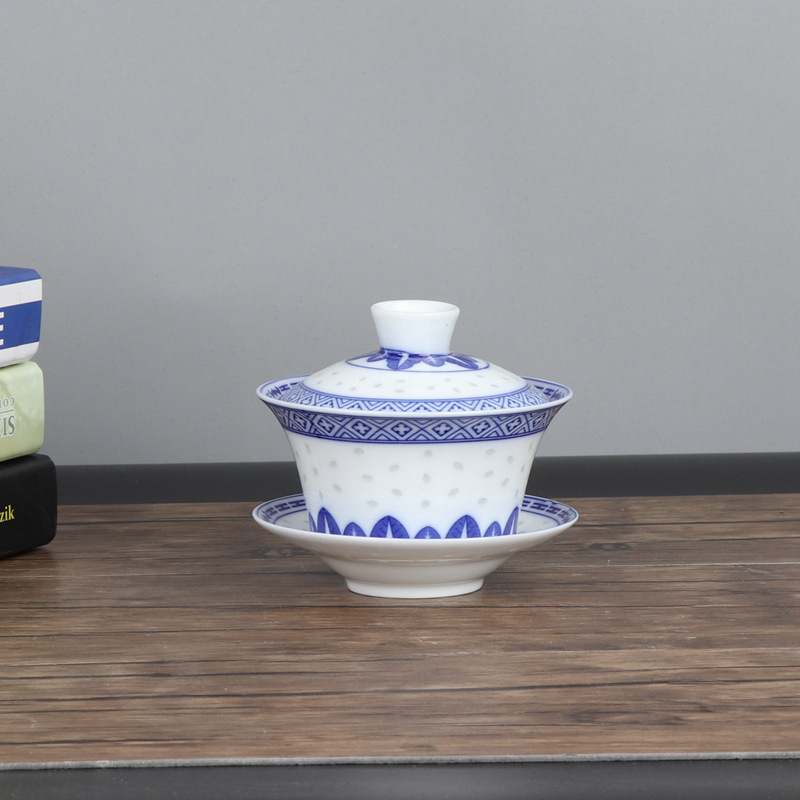 茶杯盖碗茶碗釉下彩茶具青花玲珑瓷泡茶陶瓷三才碗景德镇青花盖碗