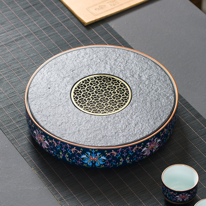 乌金石茶盘日式家用储水茶托盘圆形中式陶瓷干泡小茶台石头大茶盘